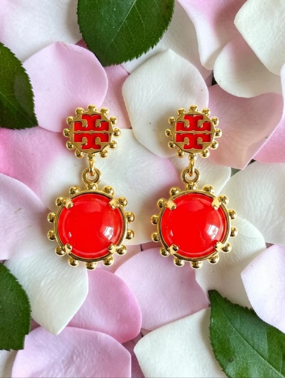 Tory Burch Miller Roxanne Red and Gold Enamel Drop Logo Stud Earrings